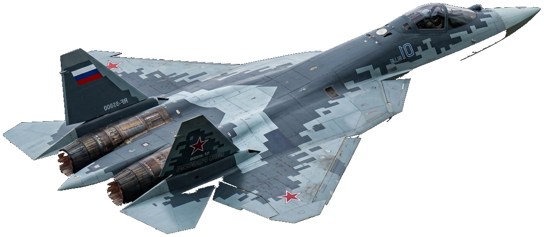 Современный военный истребитель Су-57 с российским триколором